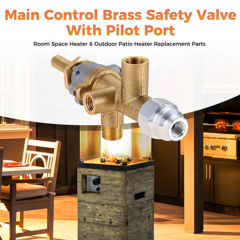 Brass main control valve with pilot port for propane patio heater, multiple threaded fittings