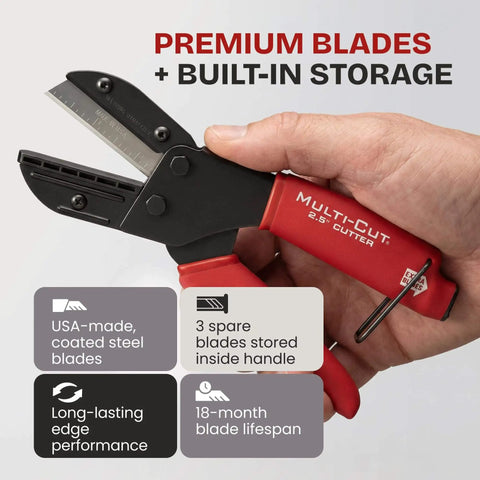 Heavy-duty industrial cutter for plastic, rubber, wood, leather and PEX, showcasing ergonomic handle and replaceable blades in use.