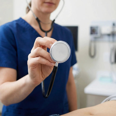Stethoscope diaphragm replacement accessory; round metal chest piece with black tubing held by clinician.