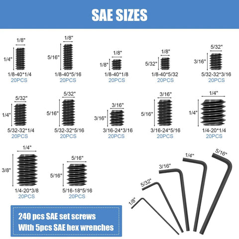 SAE sizes showing 240 pcs set screws with 5 SAE hex wrenches from the 560 Piece Set Screw Kit With 25 Sizes Metric And SAE Assortment