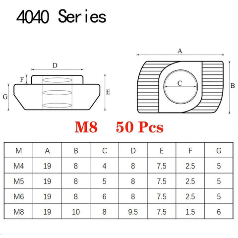50 Pack 4040 Series M8 Hammer Head T Slot Nuts for 40 Series Aluminum Extrusion Nickel Plated Carbon Steel Fasteners