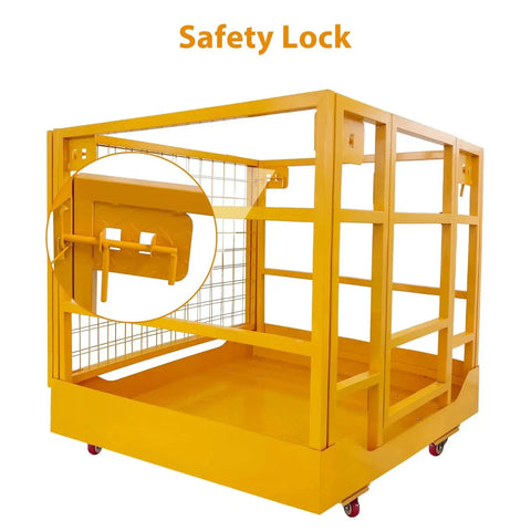 Forklift Safety Cage With Wheels 1400 Lb Capacity Collapsible Aerial Platform, foldable design with safety lock feature visible