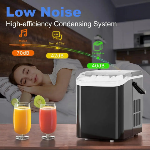 Portable Countertop Ice Maker With Handle 9 Cube Ice In 6 Minutes Auto Clean next to sleeping person