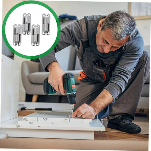 Man installing furniture with power drill, inset shows Sturdy Screw-On Metal Door Hinges 4 Pack for internal doors, zinc alloy, heavy-duty.