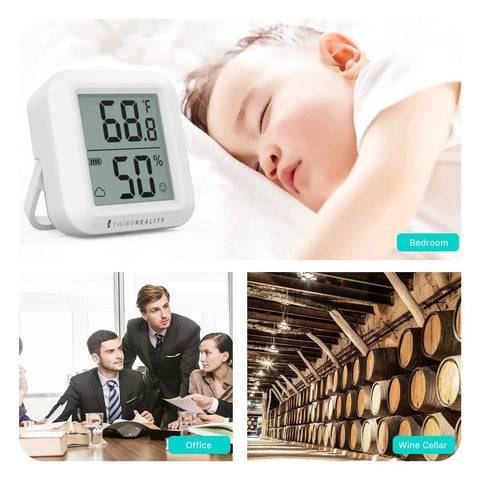 Zigbee Temperature and Humidity Sensor 2 Pack with Digital LCD Display in bedroom, office, and wine cellar environments