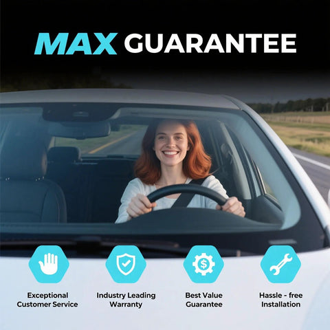 Smiling woman driving car with 'Max Guarantee' text and icons for customer service, warranty, value guarantee, and installation.