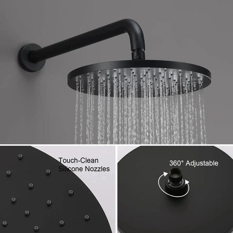 Matte Black Shower System With Wall Mounted Shower Mixer And Top Notch High Pressure Rain Shower Head Plus Three Setting Handheld Concealed Installation Trim Kit With Pressure Balance Valve Brass Arm 16 Inch Brass Shower Arm 1.5M Stainless Steel Hose shown with water flow from rain head, touch-clean nozzles, and adjustable joint.