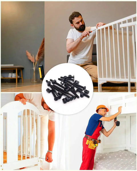 All-In-One M6 Bolts And Barrel Nuts Hardware Replacement Kit For Bed Frames And Furniture shown in home repair scenarios