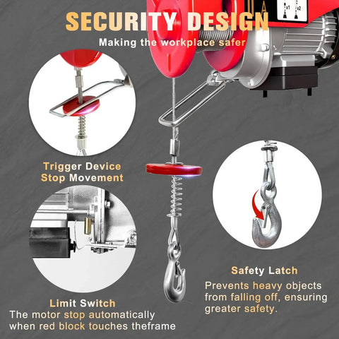 Close-up of Wireless Electric Hoist 440Lb Winch with safety latch and trigger device, emphasizing workplace safety features