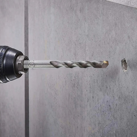 Heavy Duty Pro Grade SDS Plus Rotary Hammer Bit in use on concrete wall, showing carbide tip, by Rannb for SDS Plus drills.