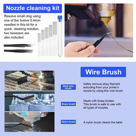 Collage of nozzle cleaning kit with 0.4mm needles and wire brush set for 3D printer maintenance, highlighting tools for cleaning prints.