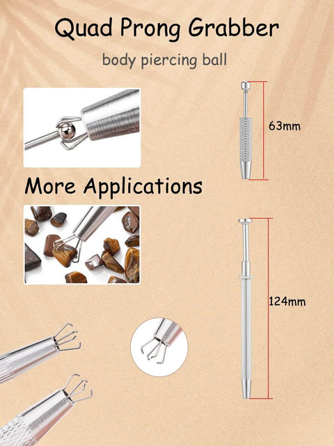 Pro Grade All In One Piercing Taper And Ball Grabber Tool Set 14G Through 20G for threadless insertion with quad prong grabber