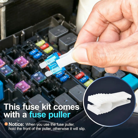 Hand using fuse puller on assorted automotive fuses in All In One Car Fuse Kit With 300 Assorted Fuses Micro Mini And Standard Sizes Plus Puller For RV Camper Boat And Truck 2A To 40A Eleven Current Ratings.