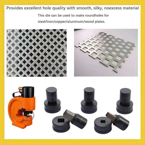 Square Punch Die For CH-70 Hydraulic Press 6.5 By 6.5 mm Heavy Duty with metal grid samples and hydraulic tool shown