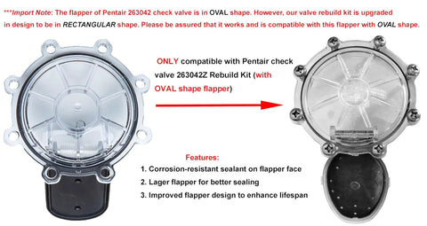 ATIE pool check valve rebuild kit for Pentair 263042Z, 2-inch valve; shows oval vs rectangular flapper upgrade.