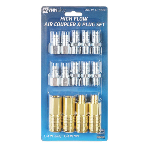 WYNNsky high-flow air fittings: 14 brass quick-connects and steel plugs, 1/4 in body, 1/4 in NPT.