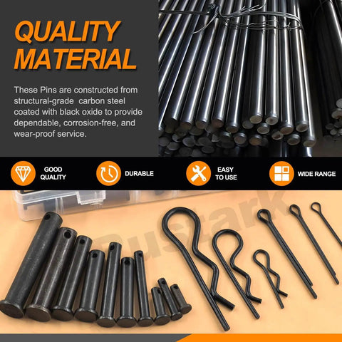 Assorted 100 Piece Pin Fastener Kit With Cotter Pins R Clips Clevis Pins Hair Pins And Hitch Pins In 16 Sizes M2 Through M12 Zinc Plated Black Finish Ideal For Automotive And Mechanical Projects; steel pins displayed on table.