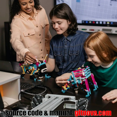 Children assembling robots with Professional 4WD Metal Robot Car Chassis Kit with 97mm Mecanum Wheels for education projects.