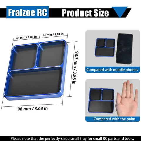 Magnetic Screw Organizer Tray for RC Models, Electronics and Phone Repair, 3 compartment size comparison with phone and hand