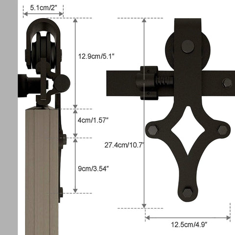 Side and front view of 7 Ft Sliding Barn Door Hardware Kit With Floor Guide, Heavy Duty Modern Style, Holds Up To 330 Lbs.
