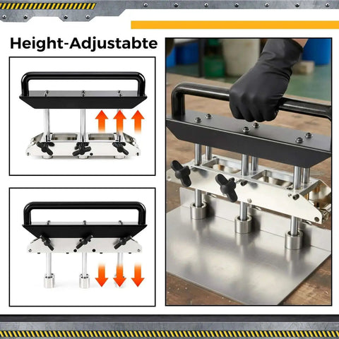 Close-up of Three Station Edge Roller Bender showing height-adjustable feature with gloved hand and adjustable knobs.
