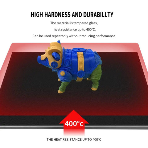 Tempered Glass 3D Printer Bed Upgrade 220x220x4mm with 3D printed model displaying heat resistance up to 400°C