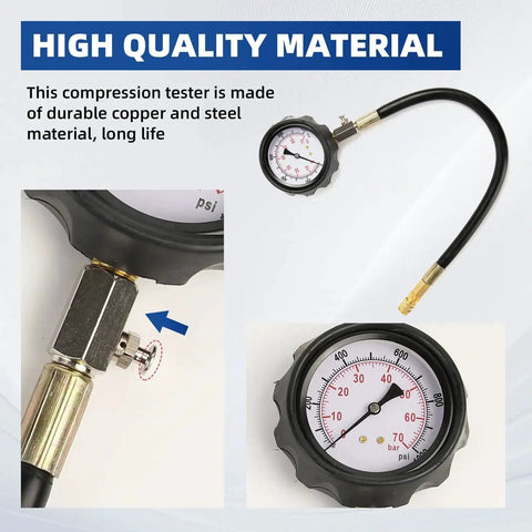 Diesel Engine Compression Tester Kit 17pc With Cylinder Pressure Gauge For Cars made of copper and steel, highlighting dial and connection.