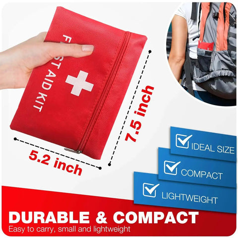 Compact 107 Piece First Aid Kit For Home Car Travel Hiking Camping And Outdoor Sports Ultra Lightweight Trauma Emergency Gear Pocket Size 7.5 By 5.2 By 1.5 Inches shown with dimensions.