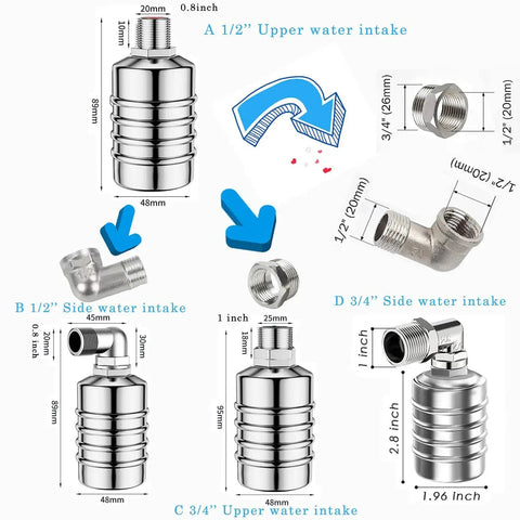 Auto Water Level Control Float Valve in 304 Stainless Steel, top and side entry for tanks and ponds, dimensions shown.