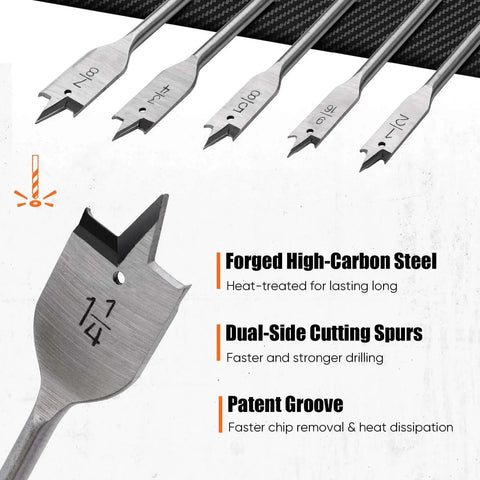 Heavy Duty Spade Drill Bit Set With 6 Inch Extension And Paddle Flat Bits For Clean Precise Wood Holes, 14 Pieces, Sizes 1/4 Inch To 1-1/2 Inch, Quick Change 1/4 Inch Hex Shank, Nylon Storage Pouch Included PINOZE