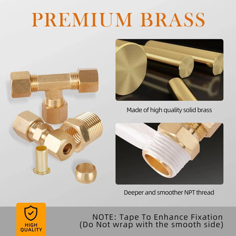 Pro Grade Brass Compression Tube Fittings Kit 135 Piece Set showing tee and connectors made of high-quality solid brass with NPT thread.