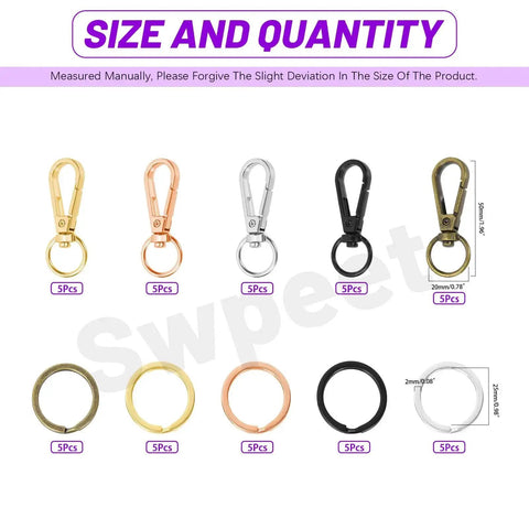 50Pcs 5 Colors Push Gate Snap Hooks With Key Rings Kit For Lanyards Handbags DIY Crafts display in different colors and sizes
