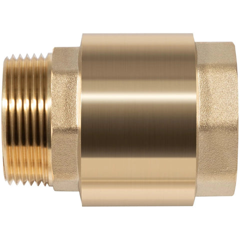 One-way brass check valve, 1-1/4 in NPT male inlet to 1-1/4 in FNPT outlet, heavy-duty irrigation water valve.
