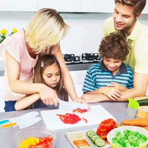 Family using Kids Kitchen Knife Set With Crinkle Cutter Four Pack Kid Friendly Plastic Toddler Knives in kitchen