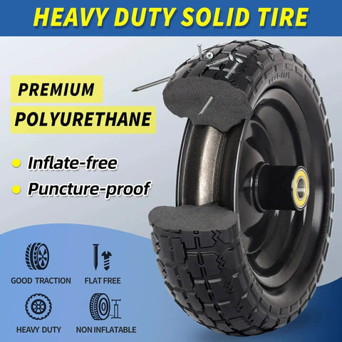 10 Inch Flat Free Solid Tire And Wheel Replacement For Carts And Hand Trucks with 5/8" Axle Bore and 2.2" Offset Hub, PU Material