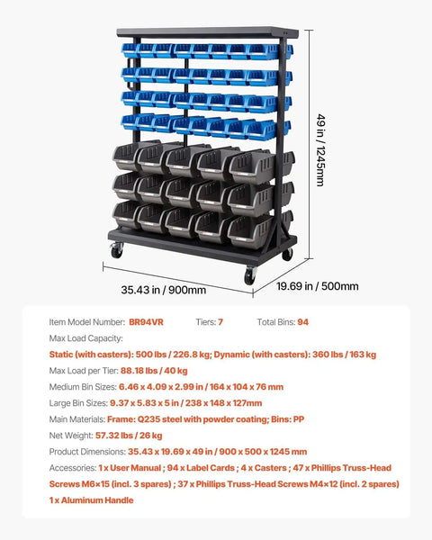 Seven Tier Double Sided Rolling Bin Storage Rack With Ninety Four Plastic Bins On Wheels in garage setting