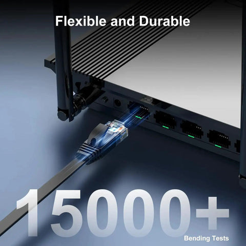 Cat6 Ethernet Cable 100 Ft Indoor Outdoor Rock Solid High Speed 10Gbps connected to modem showcasing durability