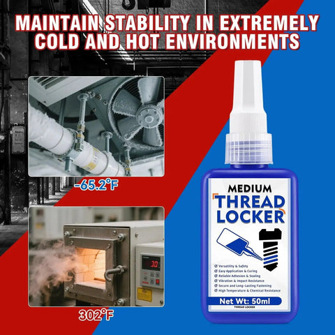Blue Thread Locker 50ml Medium Strength Waterproof Threadlocker For Nuts Bolts And Fasteners That Keeps Screws Tight And Resists Loosening And Corrosion Even On Extreme Vibration Removable Releasable By Lubynia bottle next to industrial machinery