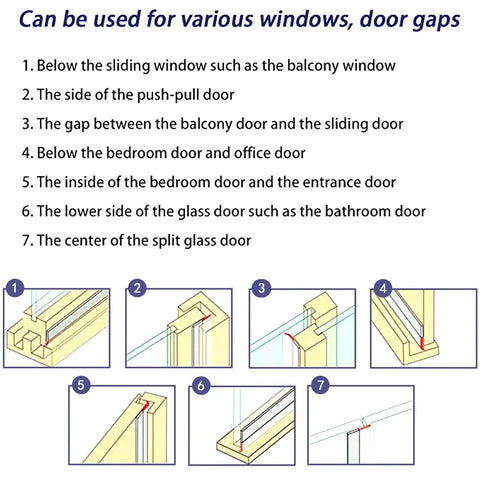 Diagram showing uses of Weather Stripping Seal Tape For Doors Windows And Showers 33 Feet Self Adhering Transparent 25mm Silicone Draft Stopper Adhesive Strip For Home Energy Savings And Easy DIY Install By TAROSE