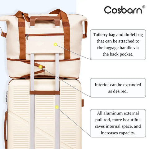 Five Piece ABS Luggage Set With Spinner Wheels And TSA Lock, includes duffel and toiletry bags attached to 28-inch large suitcase