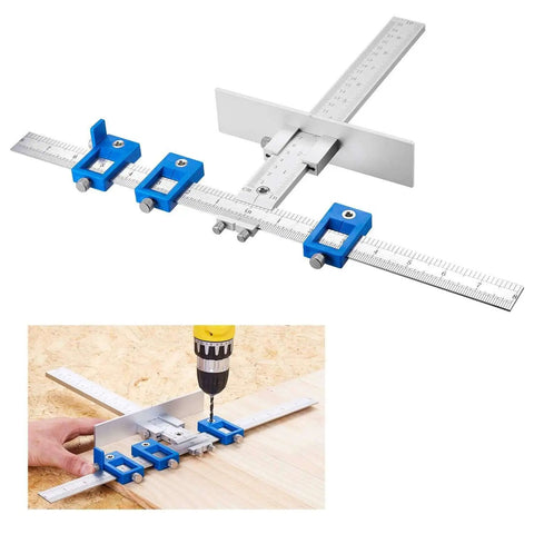 Cabinet Hardware Jig For Handles And Knobs, Aluminum Drill Guide Sleeve, Drawer Pull Template, Dowelling Tools Set, Quick Release Drill Guide Block, High Precision, Easy Setup, Install Hardware 10x Faster, DIY Friendly, Durable Aluminum And ABS showing tool setup on wood