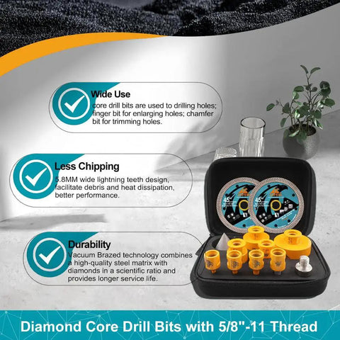 All In One Diamond Tile Hole Saw Kit For Porcelain Marble With 12 Piece Core Drill Bit Set Including 6/8/10/25/35/50/65mm Bits, 1 In And 3/8 In Finger Bits, 2 In Diamond Chamfer Bit, 5/8-11 Hex Adapter, And 4.5 In Diamond Tile Blades EXFEIN displayed in case