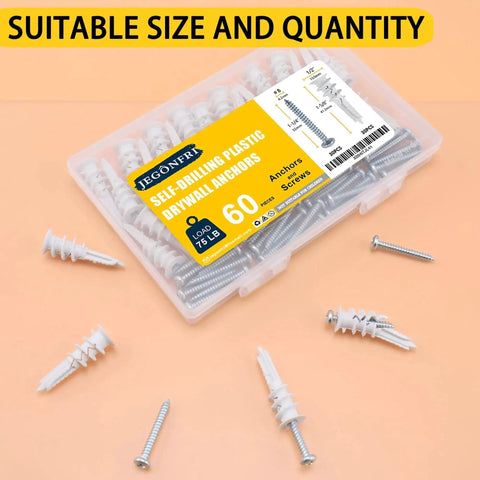 60Pcs Self Drilling Drywall Anchors And 8 Screws Heavy Duty Wall Anchors For Drywall Holds Up To 75 Lb No Pre Drill Hole Required Drywall Screws And Anchors Kit For Hanging Frames Shelves And TV shown in packaging with scattered anchors and screws