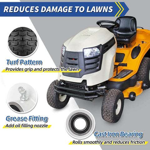 Two Pack 15x6.00-6 Rubber Lawn Mower Tire And Wheel Set With Three Quarter Inch Bearing Bore And Three Inch Centered Hub For Riding Mowers Flat Free Replacement For 15x6.00-6 shown on riding mower