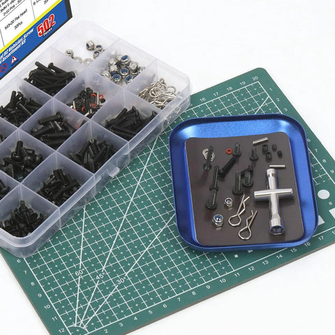 Universal RC Screw Kit 502 Pcs With Hex Button Head And Flat Head Screws Nuts Washers Grub Screws Dowels Clips O Rings E Clips Mini Socket Magnetic Screwdriver For Traxxas Axial Redcat HPI Arrma Losi 1 8 1 10 1 12 Scale on cutting mat