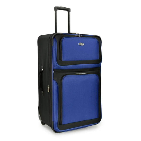 Front view of New Yorker Lightweight Expandable Rolling Luggage Set by U S Traveler, blue suitcase with spinner wheels, tear-resistant fabric.