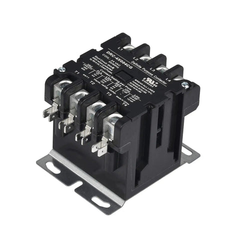 4 Pole 40 Amp 120V coil contactor for HVAC and refrigeration systems, UL recognized, Siemens compatible, side view, black