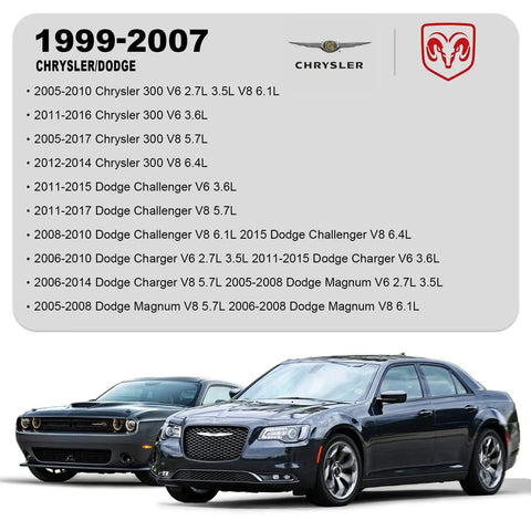 Chrysler 300 and Dodge Challenger models from 1999 to 2007 with focus on engine specifications for V6 and V8 engines