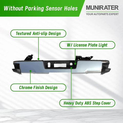 Chrome Rear Bumper For 2014-2018 Silverado Sierra 1500 Without Park Assist Holes, textured anti-slip design, license plate light