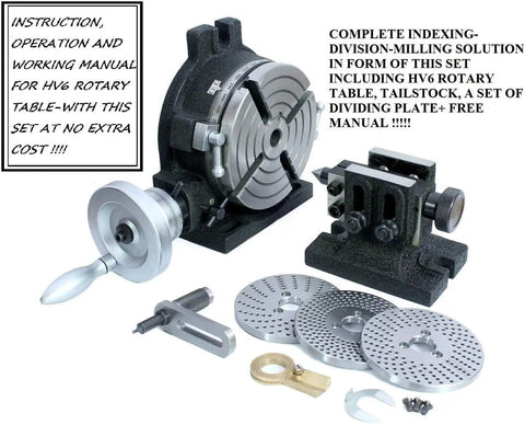 Pro Grade HV6 Rotary Table With Steel Dividing Plates Set And Tailstock Free Manual Milling Indexing Kit displayed with components